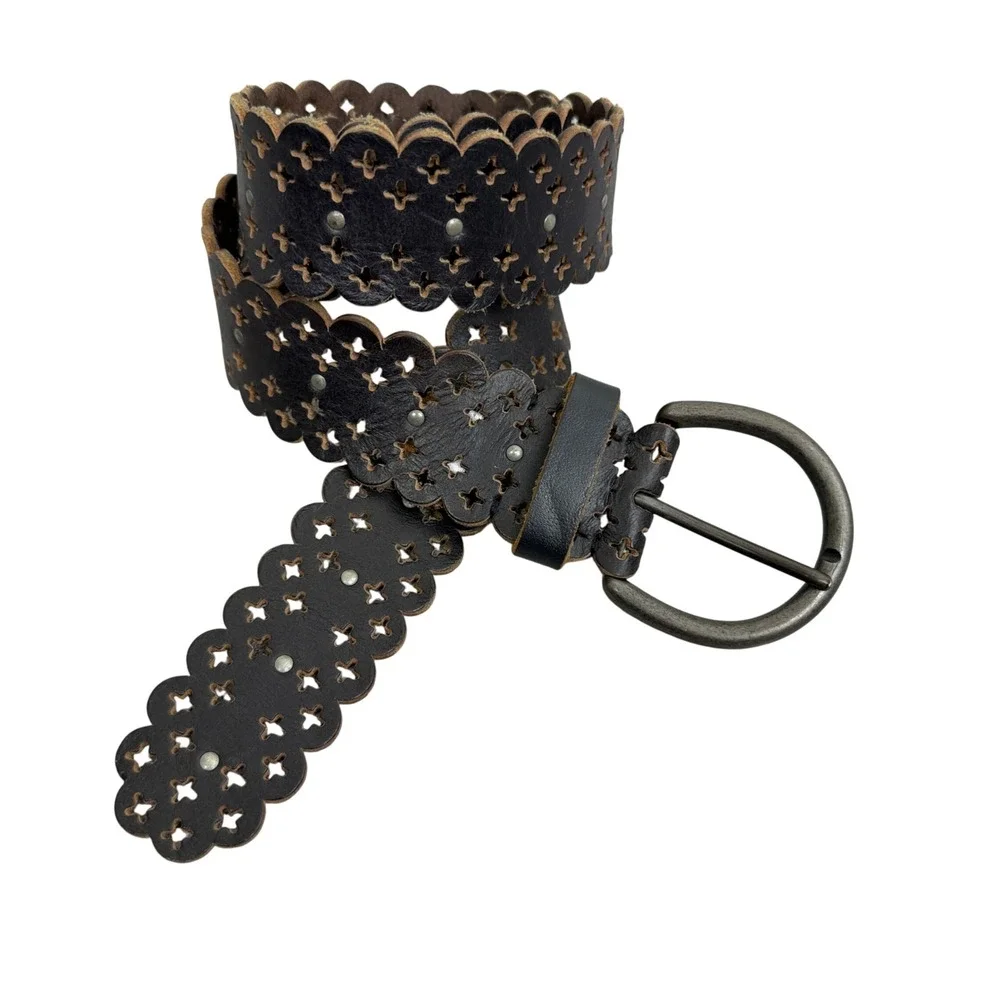 Lucky Brand Belt Women S Black Scalloped Leather Laser Cut Floral Studded